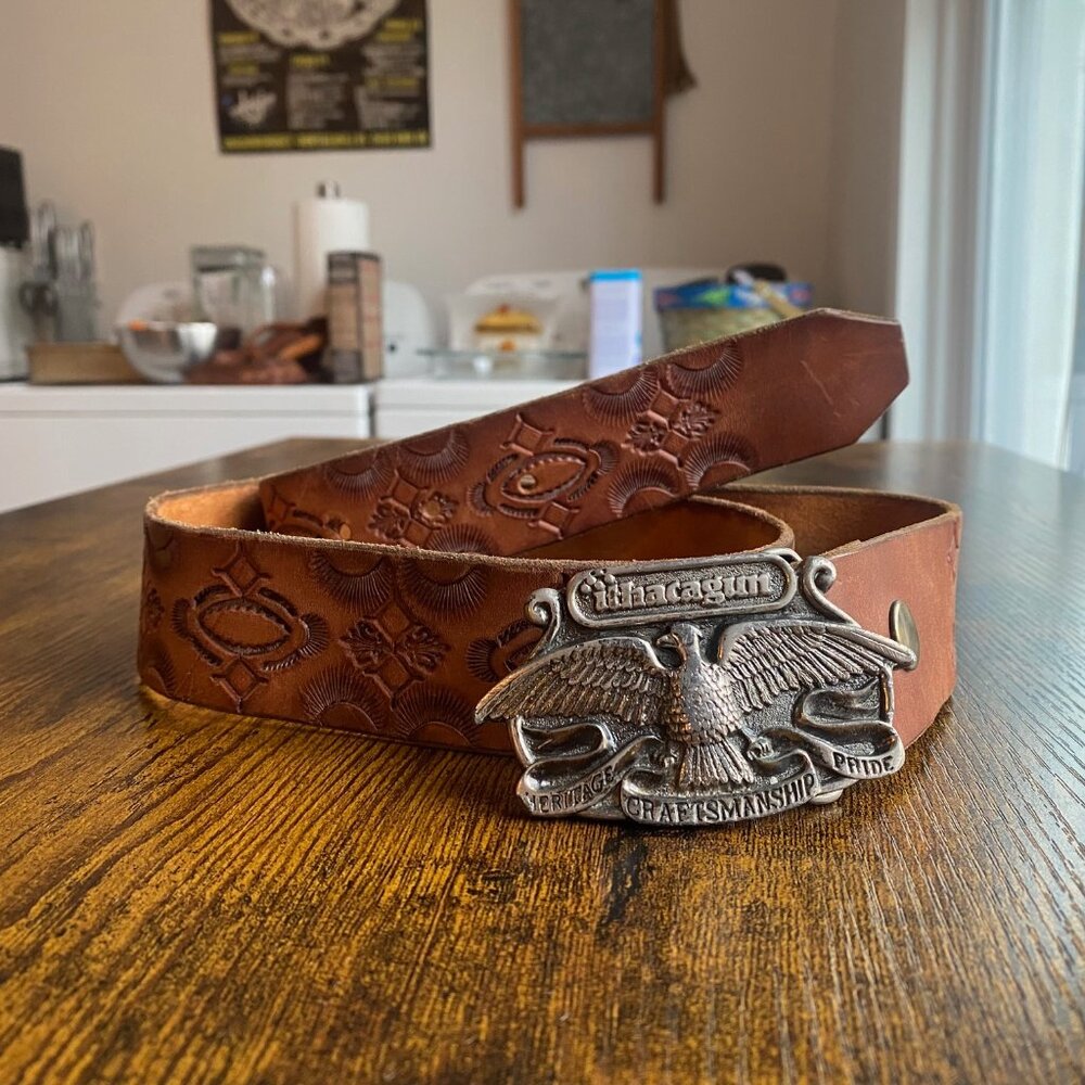 Vintage 1976 Western Tooled Leather Belt with Eagle Buckle Unisex - Picture 10 of 12